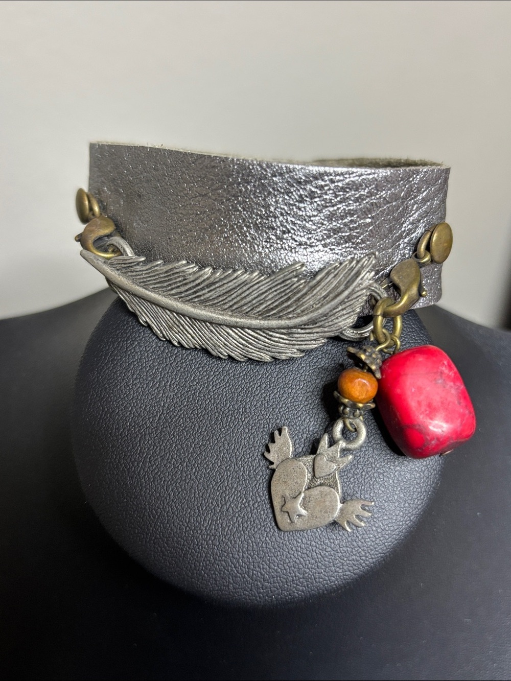 Marked LE Silver Leather Feather Cuff Bracelet Red Stone Charm Flying Heart